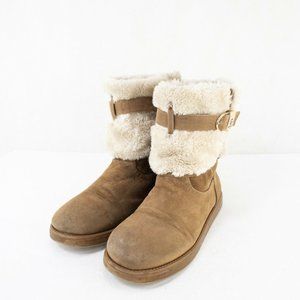 G By Guess Winter Boots Women 9 Brown Faux Suede/Fur Lined Buckle Strap Ankle